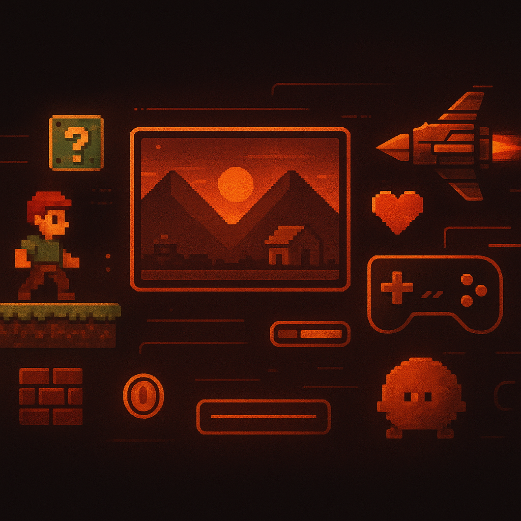 ArcadeForge hero montage: stylized pixel art and HUD overlays